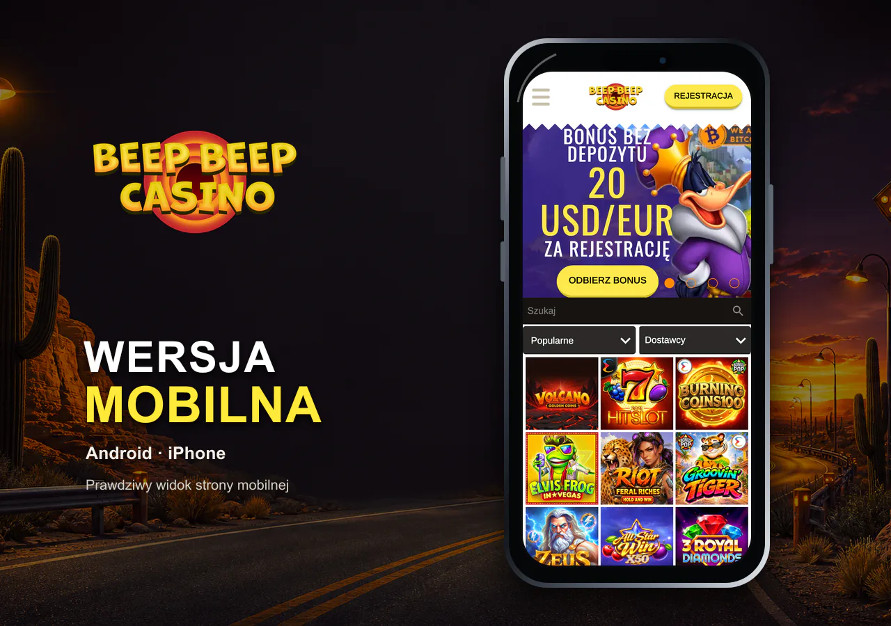 Mobilna wersja Beep Beep Casino na telefonie: bonus, katalog i wyszukiwarka gier.