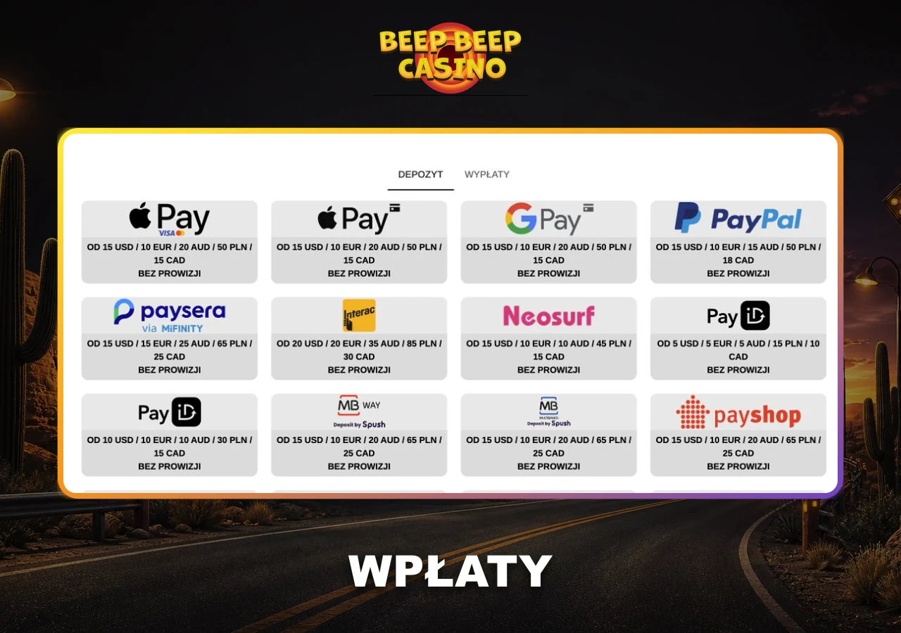 Wpłaty Beep Beep Casino: dostępne metody oraz minimalne kwoty dla poszczególnych walut.