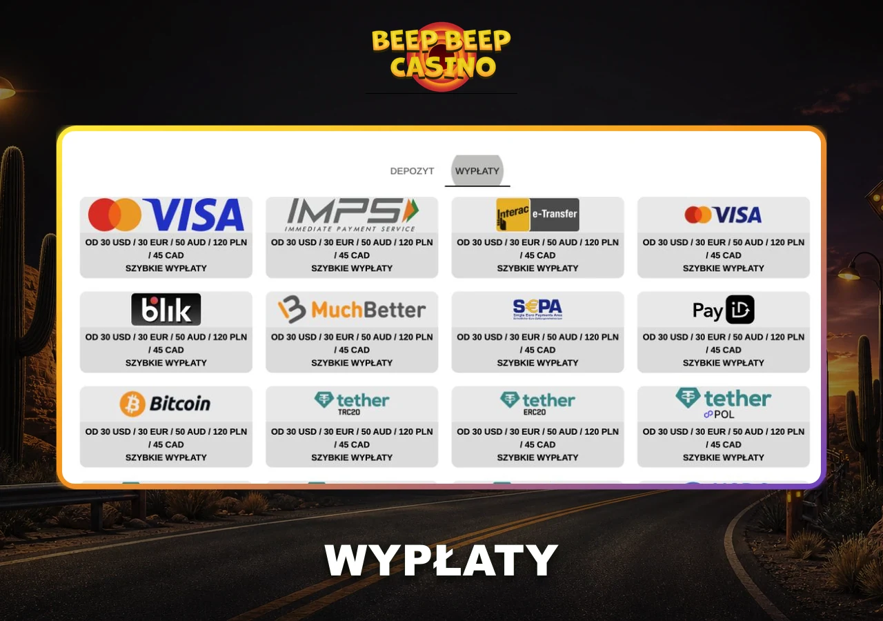 Metody wypłaty Beep Beep Casino wraz z progami i czasem realizacji.